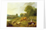 A River Landscape with Cattle, Sheep and a Young Girl Playing with a Dog by Simon van der Does