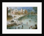Skaters on a Frozen River Alongside a Town by Joos or Josse de The Younger Momper