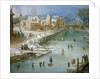 Skaters on a Frozen River Alongside a Town by Joos or Josse de The Younger Momper