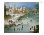 Skaters on a Frozen River Alongside a Town by Joos or Josse de The Younger Momper