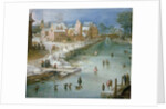 Skaters on a Frozen River Alongside a Town by Joos or Josse de The Younger Momper
