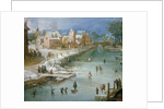 Skaters on a Frozen River Alongside a Town by Joos or Josse de The Younger Momper