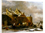 A Winter Landscape with Numerous Figures on a Frozen River Outside the Town Walls by Claes Molenaer