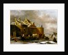 A Winter Landscape with Numerous Figures on a Frozen River Outside the Town Walls by Claes Molenaer