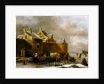 A Winter Landscape with Numerous Figures on a Frozen River Outside the Town Walls by Claes Molenaer