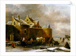 A Winter Landscape with Numerous Figures on a Frozen River Outside the Town Walls by Claes Molenaer