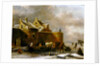 A Winter Landscape with Numerous Figures on a Frozen River Outside the Town Walls by Claes Molenaer