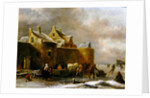 A Winter Landscape with Numerous Figures on a Frozen River Outside the Town Walls by Claes Molenaer