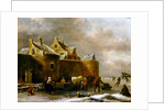 A Winter Landscape with Numerous Figures on a Frozen River Outside the Town Walls by Claes Molenaer