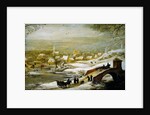 A Winter River Landscape with Travellers on a Bridge and a Town in the Distance, late 1720s by Joos or Josse de The Younger Momper