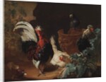 A rooster, two chickens and two pigeons by an antique chipped terra cotta vase in a landscape, 1695 by Abraham Bisschop