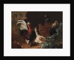 A rooster, two chickens and two pigeons by an antique chipped terra cotta vase in a landscape, 1695 by Abraham Bisschop