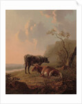 Cattle in an Italianate landscape by Jacob van Strij