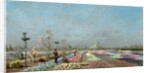 The Hyacinth Fields in Bloom at the Van Houtte Nursery, Ghent with a view of Saint Nicholas' Church, the Belfry and Saint Bavo Cathedral Beyond, 1883 by Adrien Louis Demont