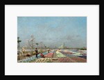 The Hyacinth Fields in Bloom at the Van Houtte Nursery, Ghent with a view of Saint Nicholas' Church, the Belfry and Saint Bavo Cathedral Beyond, 1883 by Adrien Louis Demont