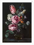 A Bouquet of Narcissus, Parrot Tulip, Roses and Other Flowers in a Glass Vase on a Stone Plinth, c.1650s by Antwerp School