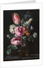 A Bouquet of Narcissus, Parrot Tulip, Roses and Other Flowers in a Glass Vase on a Stone Plinth, c.1650s by Antwerp School