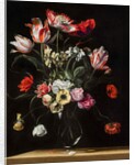 Tulips, Daffodils, Carnations, Poppies, Anemones, and Other Flowers in a Glass Vase on a Wooden Ledge, one of a pair, 17th century by Jean Picart