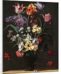 Tulips, Lilies, Daffodils, Lilacs, and Other Flowers in a Glass Vase on a Wooden Ledge, one of a pair, 17th century by Jean Picart