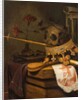 A Vanitas Still Life with a Skull, Crown, Sceptre, Flute, Bellows, Hourglass, Carnations in a Glass Vase, Scroll, Book and an Engraved Portrait of Charles I by Vincent Laurensz van der Vinne