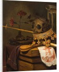 A Vanitas Still Life with a Skull, Crown, Sceptre, Flute, Bellows, Hourglass, Carnations in a Glass Vase, Scroll, Book and an Engraved Portrait of Charles I by Vincent Laurensz van der Vinne