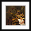 A Vanitas Still Life with a Skull, Crown, Sceptre, Flute, Bellows, Hourglass, Carnations in a Glass Vase, Scroll, Book and an Engraved Portrait of Charles I by Vincent Laurensz van der Vinne
