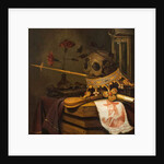 A Vanitas Still Life with a Skull, Crown, Sceptre, Flute, Bellows, Hourglass, Carnations in a Glass Vase, Scroll, Book and an Engraved Portrait of Charles I by Vincent Laurensz van der Vinne