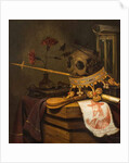 A Vanitas Still Life with a Skull, Crown, Sceptre, Flute, Bellows, Hourglass, Carnations in a Glass Vase, Scroll, Book and an Engraved Portrait of Charles I by Vincent Laurensz van der Vinne