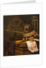 A Vanitas Still Life with a Skull, Crown, Sceptre, Flute, Bellows, Hourglass, Carnations in a Glass Vase, Scroll, Book and an Engraved Portrait of Charles I by Vincent Laurensz van der Vinne