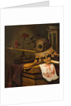 A Vanitas Still Life with a Skull, Crown, Sceptre, Flute, Bellows, Hourglass, Carnations in a Glass Vase, Scroll, Book and an Engraved Portrait of Charles I by Vincent Laurensz van der Vinne