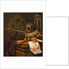 A Vanitas Still Life with a Skull, Crown, Sceptre, Flute, Bellows, Hourglass, Carnations in a Glass Vase, Scroll, Book and an Engraved Portrait of Charles I by Vincent Laurensz van der Vinne