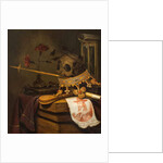 A Vanitas Still Life with a Skull, Crown, Sceptre, Flute, Bellows, Hourglass, Carnations in a Glass Vase, Scroll, Book and an Engraved Portrait of Charles I by Vincent Laurensz van der Vinne