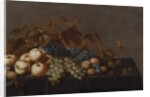 Still Life of Fruit on a Table Draped with a Dark Cloth: Plums, Apples, Bunches of Black and White Grapes and Pears by Floris van Schooten
