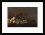 Still Life of Fruit on a Table Draped with a Dark Cloth: Plums, Apples, Bunches of Black and White Grapes and Pears by Floris van Schooten