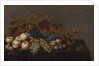 Still Life of Fruit on a Table Draped with a Dark Cloth: Plums, Apples, Bunches of Black and White Grapes and Pears by Floris van Schooten