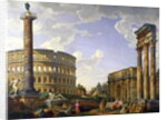 Roman Capriccio Showing the Colosseum, Borghese Warrior, Trajan's Column, the Dying Gaul, Tomb of Cestius, Arch of Constantine and the Temple of Castor and Pollux by Giovanni Paolo Pannini or Panini