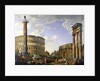 Roman Capriccio Showing the Colosseum, Borghese Warrior, Trajan's Column, the Dying Gaul, Tomb of Cestius, Arch of Constantine and the Temple of Castor and Pollux by Giovanni Paolo Pannini or Panini