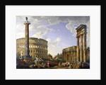 Roman Capriccio Showing the Colosseum, Borghese Warrior, Trajan's Column, the Dying Gaul, Tomb of Cestius, Arch of Constantine and the Temple of Castor and Pollux by Giovanni Paolo Pannini or Panini