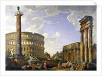 Roman Capriccio Showing the Colosseum, Borghese Warrior, Trajan's Column, the Dying Gaul, Tomb of Cestius, Arch of Constantine and the Temple of Castor and Pollux by Giovanni Paolo Pannini or Panini