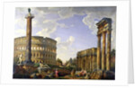 Roman Capriccio Showing the Colosseum, Borghese Warrior, Trajan's Column, the Dying Gaul, Tomb of Cestius, Arch of Constantine and the Temple of Castor and Pollux by Giovanni Paolo Pannini or Panini