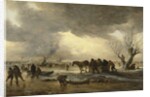 Winter scene with a sledge in the foreground and figures gathering round a tent on the ice, 1653 by Jan Josephsz van Goyen