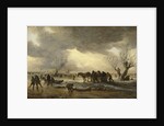Winter scene with a sledge in the foreground and figures gathering round a tent on the ice, 1653 by Jan Josephsz van Goyen