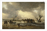Winter scene with a sledge in the foreground and figures gathering round a tent on the ice, 1653 by Jan Josephsz van Goyen