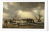 Winter scene with a sledge in the foreground and figures gathering round a tent on the ice, 1653 by Jan Josephsz van Goyen