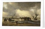 Winter scene with a sledge in the foreground and figures gathering round a tent on the ice, 1653 by Jan Josephsz van Goyen