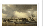 Winter scene with a sledge in the foreground and figures gathering round a tent on the ice, 1653 by Jan Josephsz van Goyen