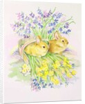 Rabbits in a basket with Daffodils and Bluebells by Diane Matthes