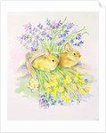 Rabbits in a basket with Daffodils and Bluebells by Diane Matthes