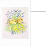 Rabbits in a basket with Daffodils and Bluebells by Diane Matthes