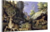 A woodland scene with hunters and animals by Roelandt Jacobsz. Savery